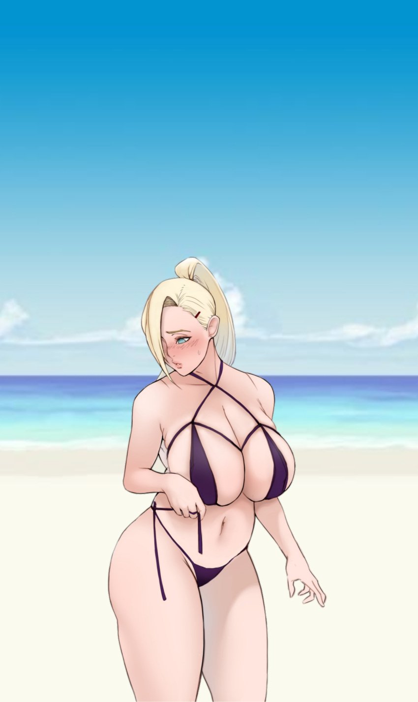 1girls absurdres beach bikini bikini_tug blonde_hair blue_eyes blush boruto:_naruto_next_generations breasts curvy embarrassed female hair_over_one_eye halterneck high_ponytail highres huge_breasts ino_yamanaka jnsdh large_breasts looking_down mature_female micro_bikini milf naruto naruto:_the_last naruto_(series) navel outdoors parted_lips purple_bikini revealing_swimsuit seaside skimpy skimpy_bikini sweatdrop swimsuit thick_thighs thighs voluptuous white_background