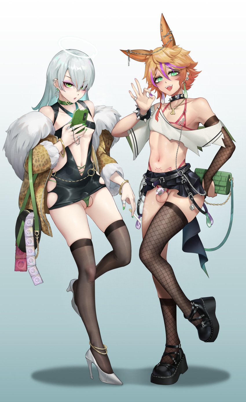 2boys absurdres alternate_hairstyle animal_ears arene_(arknights) arknights bag bangs bikini black_dress black_skirt black_thighhighs chastity chastity_cage chastity_device choker cigarette condom condom_wrapper crossdressing dress earrings fellatio_gesture femboy fishnet_gloves fishnet_thighhighs fishnets full_body fur_coat gins girly glove gloves green_bikini green_choker green_eyes green_nails grey_hair hair_over_one_eye high_heels highres holding holding_cigarette jewelry leonhardt_(arknights) long_sleeves looking_at_viewer makeup male male_chastity minidress multiple_boys nail_polish navel night night_sky nub_chastity_cage open_mouth orange_hair otoko_no_ko outdoors penis piercing pink_bikini prostitution rabbit_boy rabbit_ears short_hair shoulder_bag single_glove skimpy skirt sky small_chastity_cage small_penis smoking standing standing_on_one_leg stomach string_bikini swimsuit testicles thighhighs tongue_piercing torn_clothes trap used_condom white_footwear zettai_ryouiki