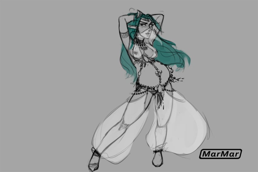 1girls black_and_white blizzard_entertainment harem_outfit marmar night_elf nipple_piercing pregnant sketch solo tyrande_whisperwind warcraft world_of_warcraft