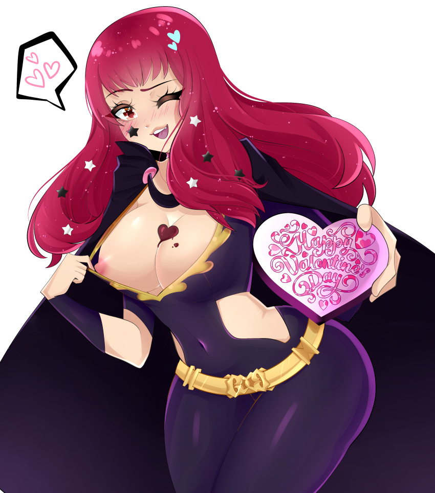 1girls :3 absurdres belt between_breasts blush bodysuit breast_peek breasts chocolate choker cleavage facial_mark female female_only fire_emblem fire_emblem_engage flashing gold_trim hair_ornament happy_valentine heart highres kyhsoren large_breasts long_hair looking_at_viewer melting nintendo nipples oerba_yun_fang one_eye_closed open_mouth pink_choker presenting presenting_breasts purple_bodysuit red_eyes red_hair simple_background skin_tight smile solo spoken_heart star star_(symbol) star_facial_mark star_hair_ornament teasing thick_thighs tongue unitard valentine valentine's_day very_high_resolution white_background wink yellow_belt yunaka_(fire_emblem)