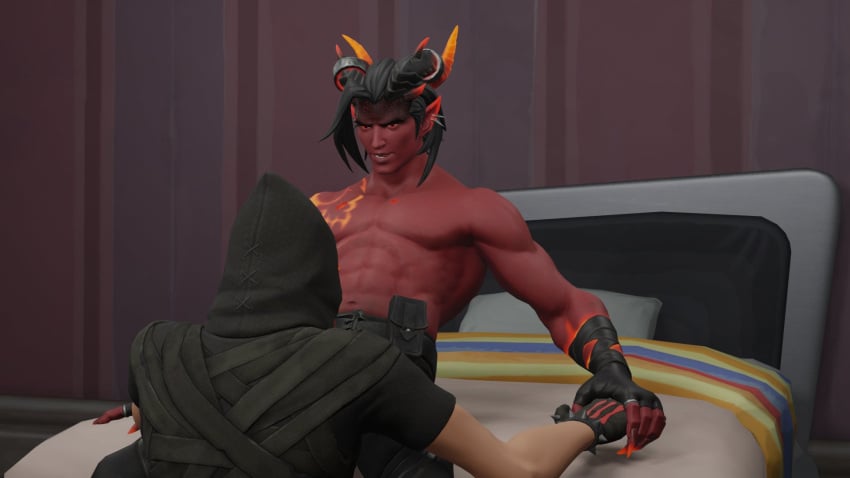 2boys deimos_(fortnite) demon dominion_(fortnite) fortnite gay imminent_oral imminent_sex kohlex male/male male_only muscular muscular_male on_bed red_skin