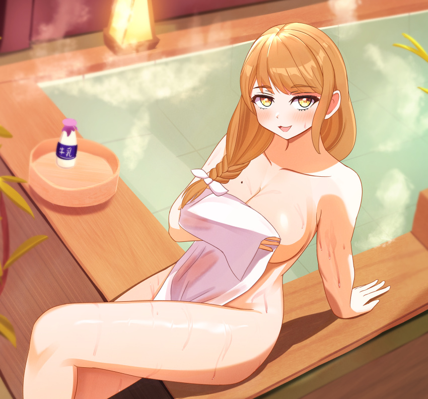 1girls bangs bare_shoulders blush braid breasts brown_hair cleavage collarbone female female female_only fire_emblem fire_emblem_engage goldmary_(fire_emblem) highres kirby_lord large_breasts long_hair looking_at_viewer mole mole_on_breast naked_towel nintendo nude onsen open_mouth ribbon solo thighs towel wet yellow_eyes