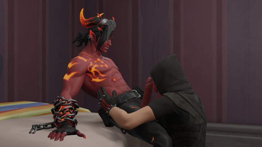 2boys deimos_(fortnite) demon dominion_(fortnite) fortnite gay imminent_oral imminent_sex kohlex male/male male_only muscular muscular_male on_bed penis red_skin