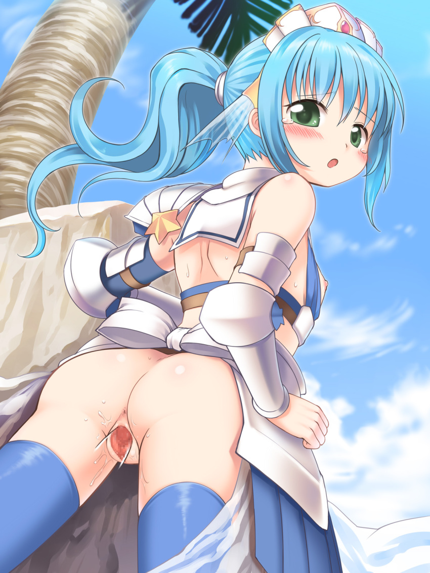 anus armor armored_skirt ass back bangs bikini_armor blue_gloves blue_hair blue_sky blue_thighhighs blush breasts censored cloud commentary_request cowboy_shot day elbow_gloves emurin female gloves green_eyes hair_between_eyes highres invisible_penis long_hair looking_at_viewer looking_back mosaic_censoring nipples open_mouth original outdoors palm_tree pauldrons ponytail pussy rock sex shoulder_armor single_glove single_pauldron sky small_breasts solo standing standing_sex star_(symbol) tearing_up thighhighs tree vaginal_penetration vambraces