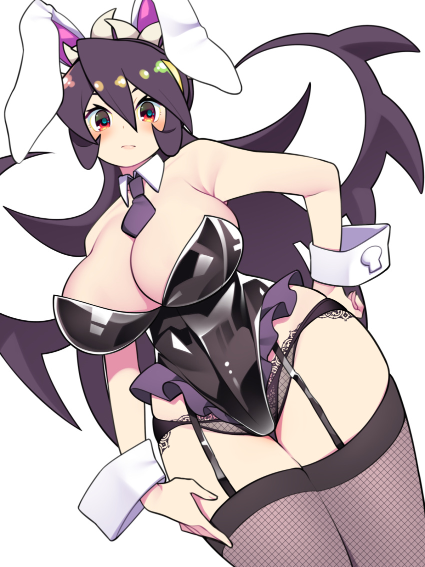 1girls alternate_version_available animal_ears bellupup black_hair blush breasts cleavage detached_collar dutch_angle fake_animal_ears filia_(skullgirls) fishnet_thighhighs fishnets garter_straps hand_on_hip hi_res highres lace_trim large_breasts leotard long_hair looking_at_viewer necktie panties panties_under_leotard playboy_bunny prehensile_hair purple_hair rabbit_ears red_eyes samson_(skullgirls) skullgirls thick_thighs thighhighs thighs underwear very_long_hair white_background wide_hips wrist_cuffs