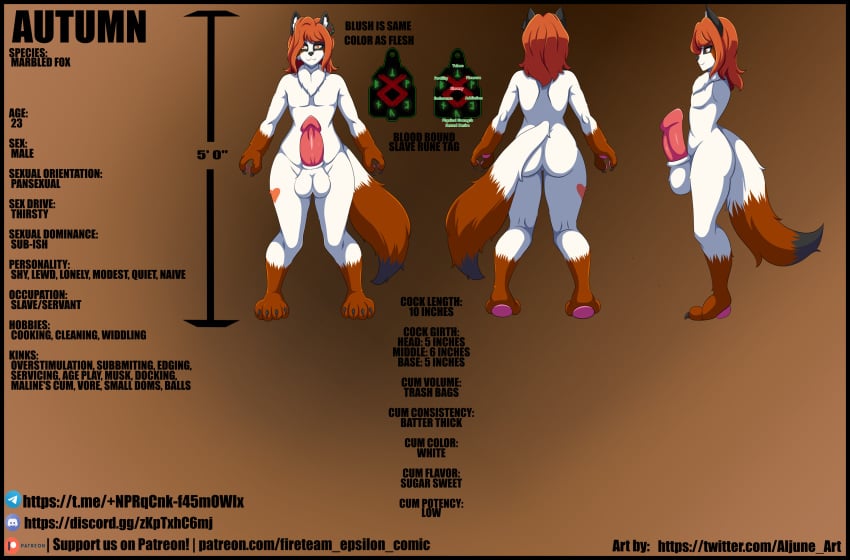 aljune_art anthro autumn_(zeta_artist) canid canine ear_tag fox hi_res male mammal marble_fox model_sheet red_fox runes slave solo