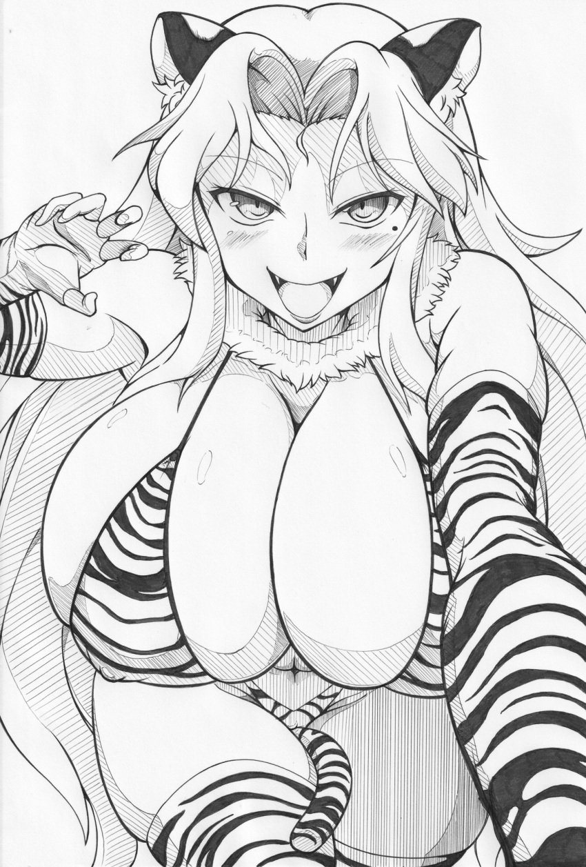 1girls animal_ears beauty_mark bikini cameltoe cat_ears cleavage daidouji_(senran_kagura) eyebrows_visible_through_hair fangs female front_view ha_jin half-closed_eyes huge_breasts light-skinned_female light_skin looking_at_viewer monochrome nipple_bulge open_mouth parted_bangs pencil_(artwork) pov senran_kagura simple_background skindentation smile solo tail thick_thighs thighhighs tiger_print tiger_tail tongue very_long_hair white_background