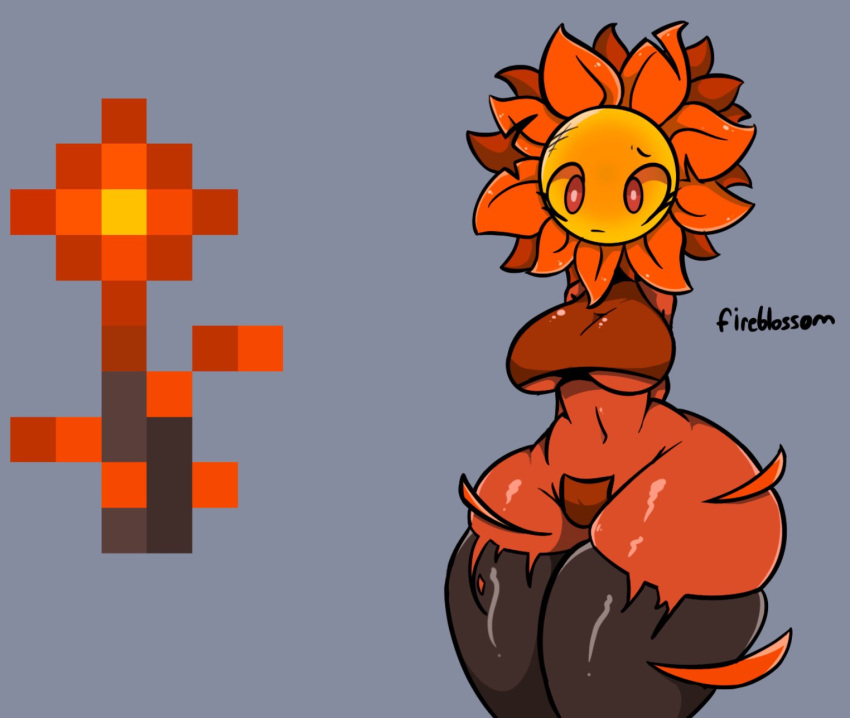 anthro breasts clothed clothing crotch_covered eyelashes female fireblossom_(terraria) flora_fauna flower flower_girl herb legwear navel plant plant_girl plant_humanoid red_body red_eyes red_skin terraria thick_thighs torn_clothes treshbaggy