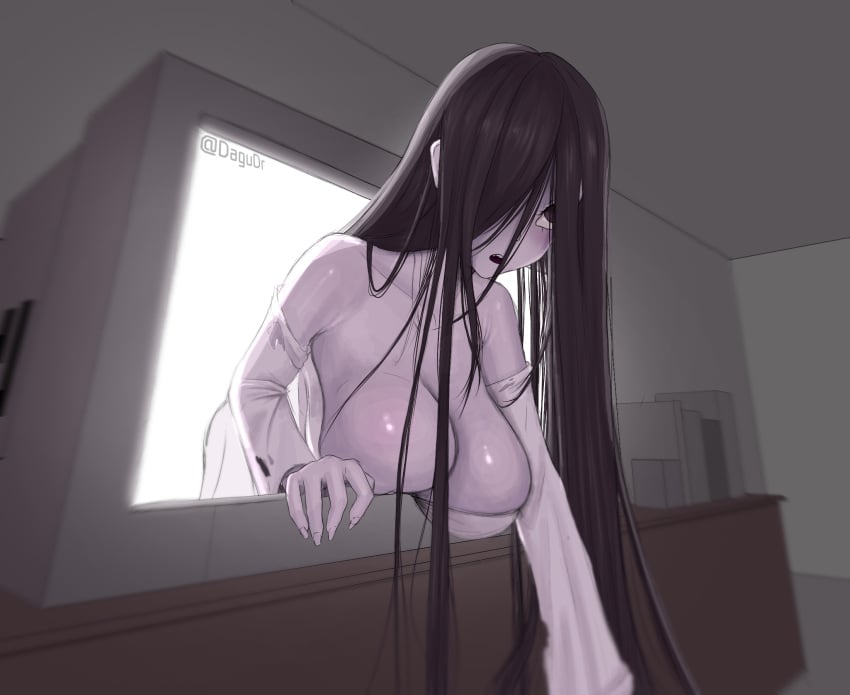 big_breasts big_cleavage black_hair cleavage dagudr daguya_draws dress ghost_girl hanging_breasts huge_breasts long_hair no_bra phasing_through_tv purple_eyes the_ring through_screen tv white_dress yamamura_sadako