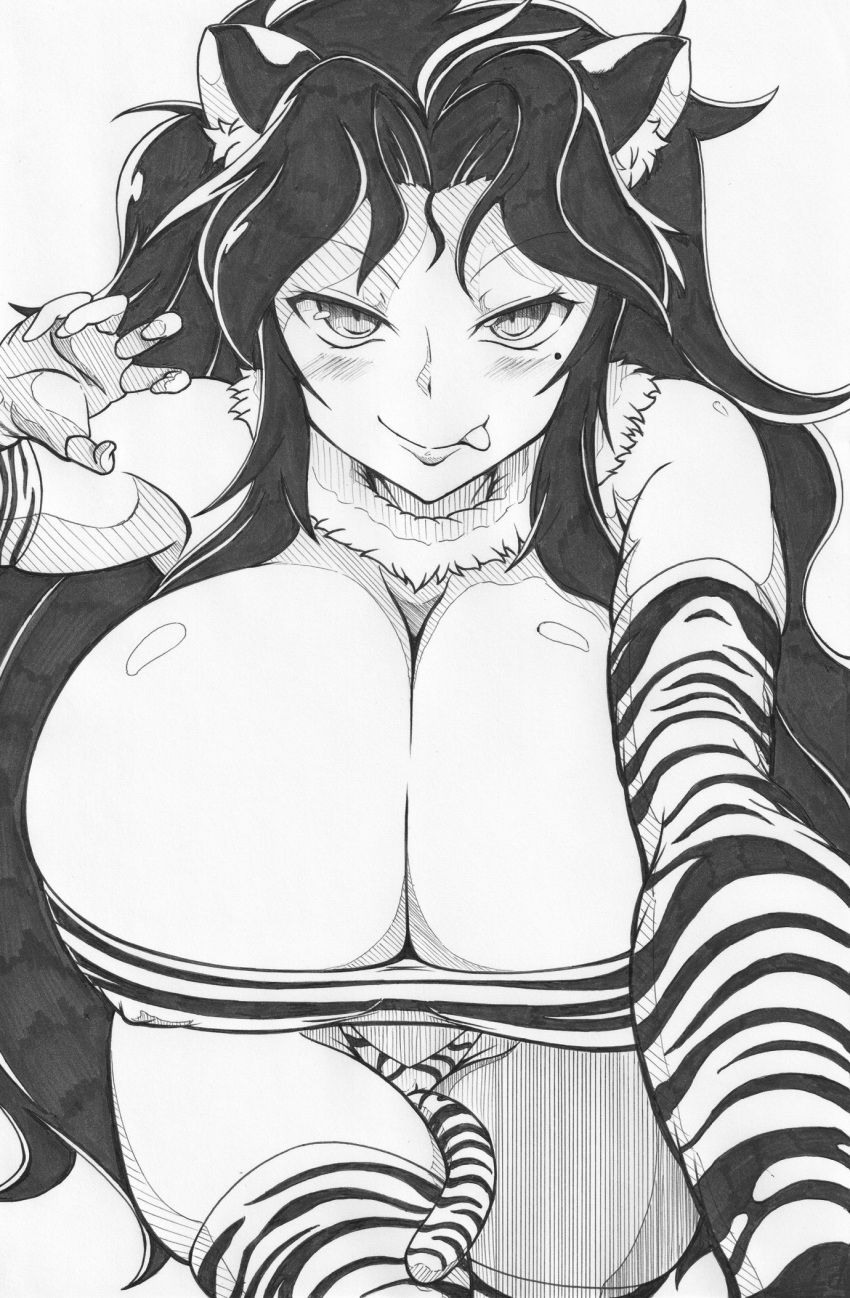 1girls :p animal_ears beauty_mark bikini black_hair cameltoe cat_ears cleavage daidouji_(senran_kagura) eyebrows_visible_through_hair female front_view ha_jin half-closed_eyes huge_breasts light-skinned_female light_skin looking_at_viewer monochrome nipple_bulge parted_bangs pencil_(artwork) pov senran_kagura simple_background skindentation smile solo standing tail thick_thighs thighhighs tiger_print tiger_tail tongue_out very_long_hair white_background