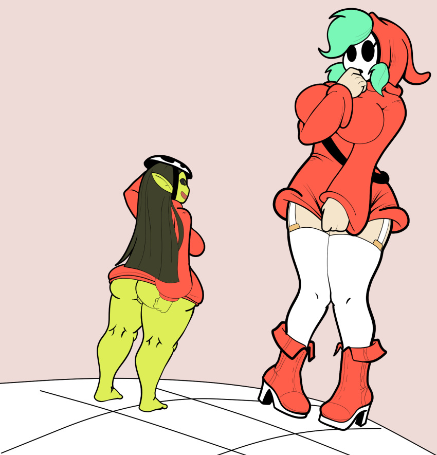 2girls big_ass drav_jack duo female female_only goblin goblin_female green_skin looking_at_another mario_(series) multiple_girls nintendo original original_character shy_gal size_difference tagme