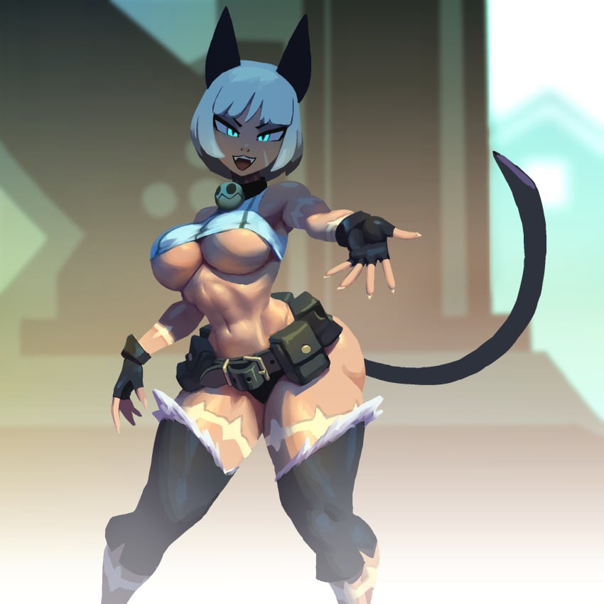 1girls :3 absurd_res bare_shoulders belt_pouch blue_eyes bob_cut breasts bridge cat_girl crop_top dark-skinned_female dark_skin detached_leggings fangs fingerless_gloves gloves hi_res highres large_breasts looking_at_viewer nadia_fortune navel neck_bell noonun open_mouth outstretched_hand pouch scar short_hair skullgirls smile softcore solo tail thick_thighs thighs underboob white_hair