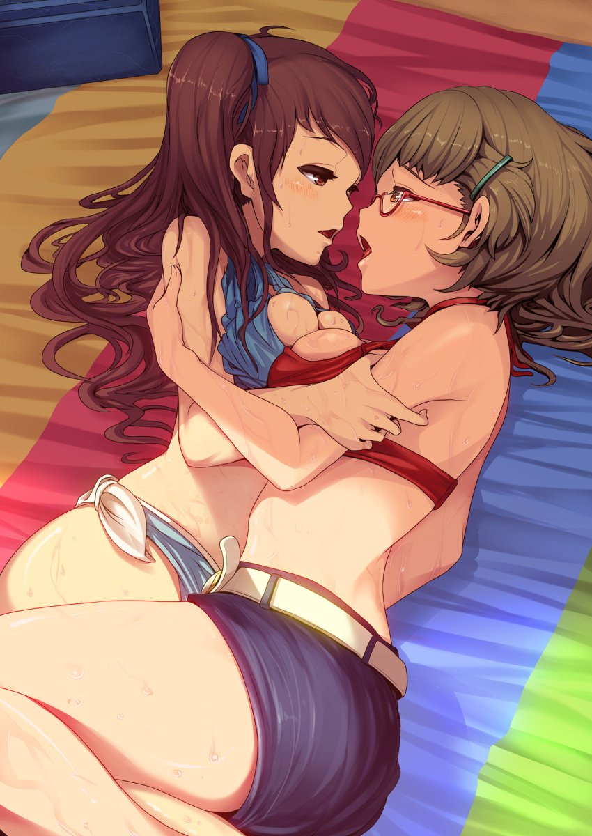 2girls akazawa_izumi another arm_grab artist_request bikini female_only glasses kissing long_hair looking_at_partner multiple_girls open_mouth source_request sugiura_takako yuri