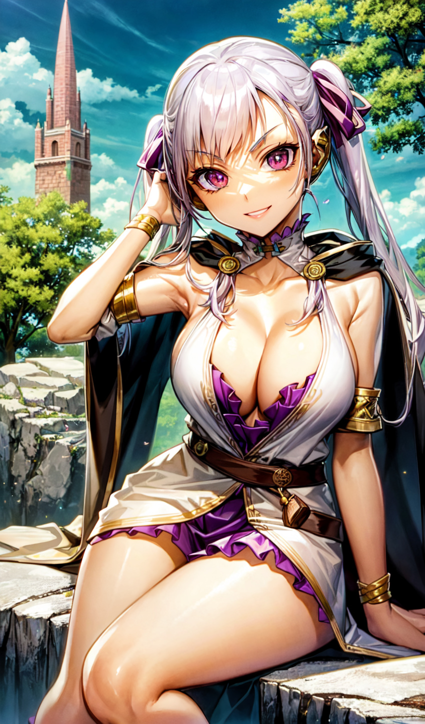 1girls ai_generated bangs big_breasts black_bulls_uniform black_clover breasts cleavage cloak female female_only hair_ribbon hi_res large_breasts looking_at_viewer miniskirt noelle_silva outside purple_eyes silver_hair smile solo thick_thighs thighs twintails