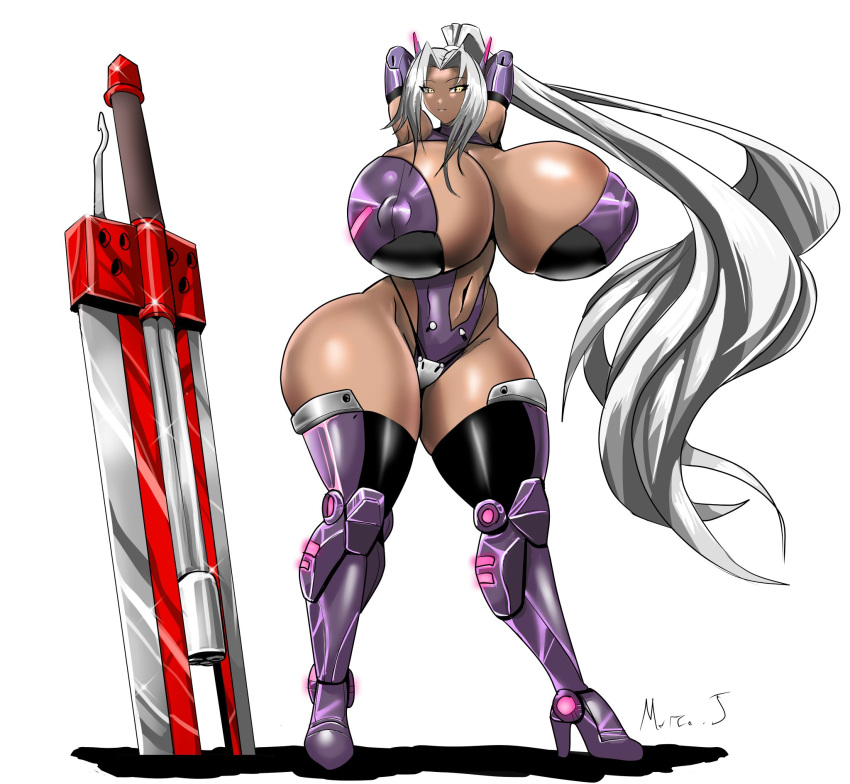 anime_style armor bikini_armor breasts clothed clothed_female dark_skin female female_focus female_only futuristic gun huge_breasts large_breasts large_butt looking_at_viewer marco_j olexa_vrane sci-fi science_fiction smiling smiling_at_viewer sword weapon white_hair yellow_eyes