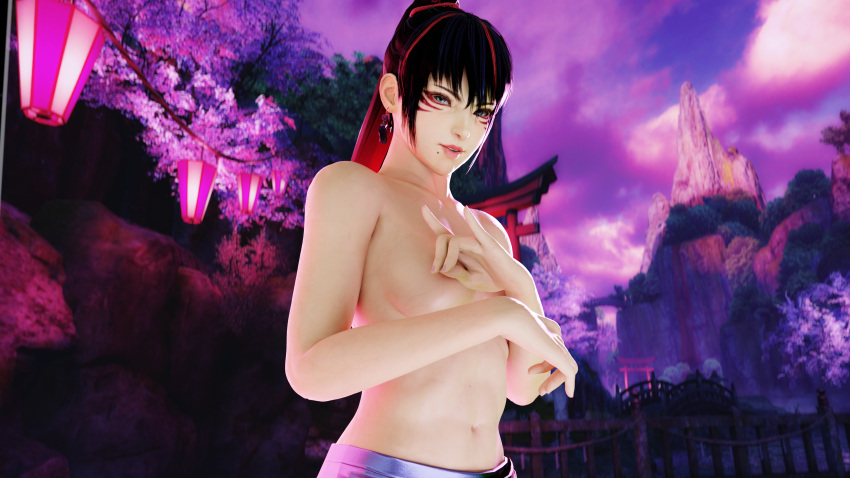 1girls black_and_red_and_purple_hair breasts covering_breasts female female_only kitsune_marks kunimitsu_ii namco ponytail solo tekken topless topless_female