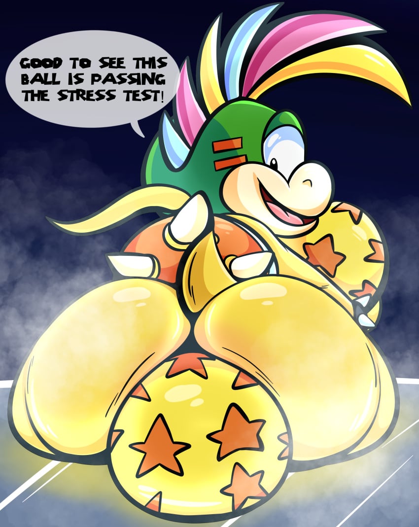 absurd_res anthro ass big_butt butt_focus dialogue hi_res ice koopa koopaling lemmy_koopa male mario_(series) nintendo object_between_cheeks scalie sitting_on_ball solo spikes tepigfan101