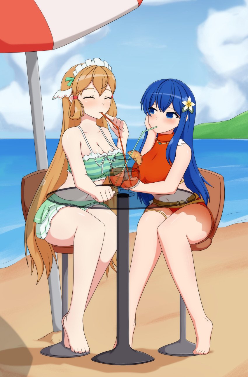 2girls alternate_costume bikini caeda_(fire_emblem) commission female female_only fire_emblem fire_emblem:_mystery_of_the_emblem fire_emblem:_shadow_dragon_and_the_blade_of_light fire_emblem_heroes green_bikini green_swimsuit multiple_girls official_alternate_costume onlysupport orange_bikini orange_swimsuit swimsuit ymir_(fire_emblem_heroes) yuri