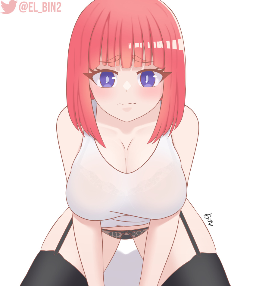 blue_eyes blush breasts el_bin embarrassed female full_body go-toubun_no_hanayome kneeling large_breasts looking_at_viewer nakano_nino panties pink_hair ribbon shirt short_hair spread_legs thighhighs thighs white_background white_shirt