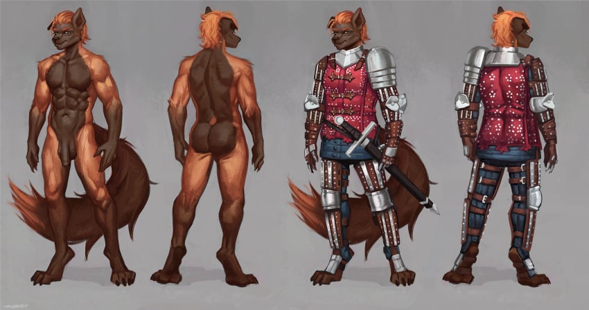 abs ansart anthro armor armwear brown_body canid canine canis chest_armor clothed clothing domestic_dog eugene_(ordell) fur genitals hair hi_res knight leg_armor legwear male mammal medieval_armour melee_weapon model_sheet multicolored_body muscular muscular_anthro muscular_male nude orange_body orange_fur orange_hair penis plate plate_armor short_hair shoulder_armor solo sword two_tone_body warrior weapon