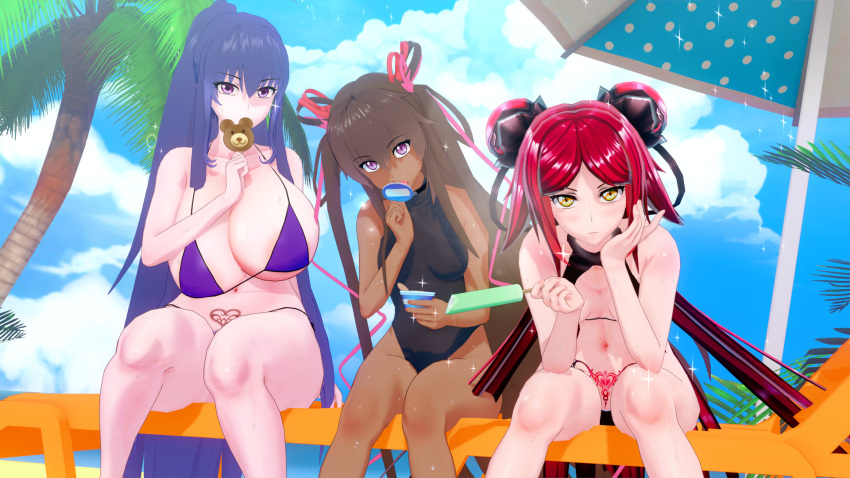 3girls akiyama_rinko big_breasts black_hair blue_hair brown_hair chinese_girl flat_chest long_hair mizuki_yukikaze ponytail red_hair small_breasts su_jinglei swimsuit taimanin_(series)