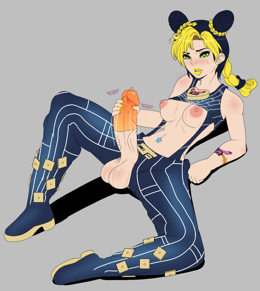 1futa 2019 areolae balls big_penis black_hair breasts clothed clothing condom condom_on_penis dwn000 erect_penis erection futa_only futanari green_eyes hi_res highres horny human jojo's_bizarre_adventure jolyne_kujo light-skinned_futanari light_skin masturbation medium_breasts multicolored_hair pants partially_clothed penis sitting solo solo_futa spread_legs thick_penis thick_thighs vein veiny_penis wide_hips yellow_hair