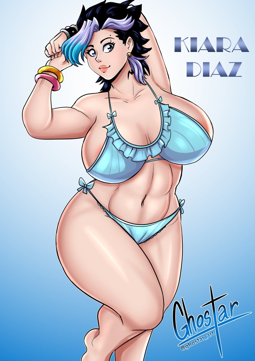 1girls absurd_res areola_slip armpits arms_up big_breasts bikini black_eyes black_hair blue_eyes blue_highlights bracelet bracelets female female_only ghostar heterochromia jagua_tales kiara_diaz light-skinned_female light_skin looking_at_viewer pink_lips pose smiling smiling_at_viewer solo thick_thighs white_highlights