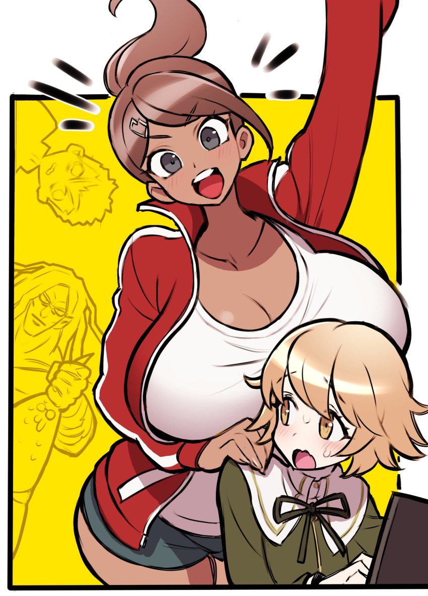 1girls alternate_breast_size asahina_aoi being_watched big_breasts blush breast_rest brown_hair cleavage danganronpa danganronpa:_trigger_happy_havoc embarrassed female femboy fujisaki_chihiro gigantic_breasts hairclip kakuzato kiyotaka_ishimaru looking_at_another looking_at_viewer looking_back male nervous oogami_sakura ponytail satousatotototo short_shorts shorts smile straight_hair surprised tan_skin tank_top track_jacket wide_hips yamada_hifumi yellow_background