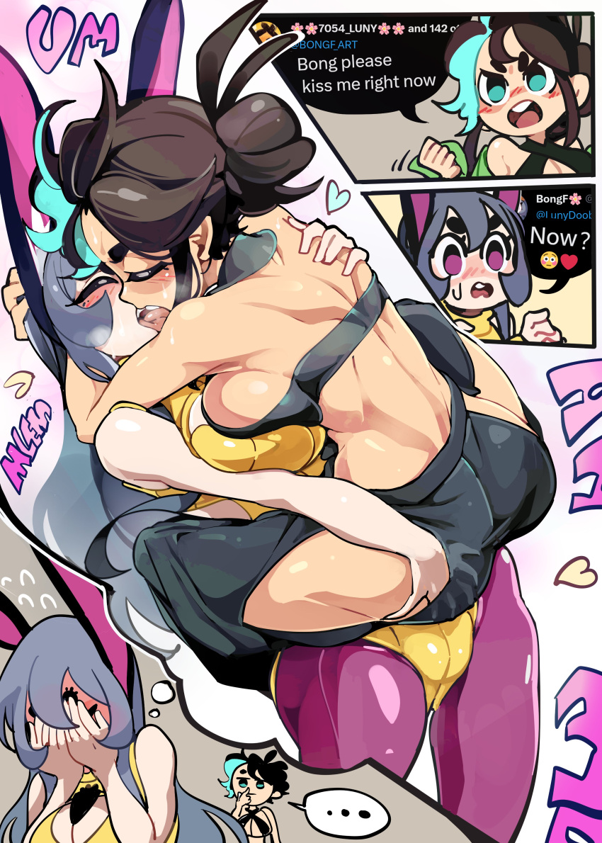 ... 2girls absurd_res ass_grab black_eyebrows blue_eyes blue_highlights blush bongfillstudent breasts breasts_to_breasts brown_hair bunny_ears bunny_girl bunny_industry_(bongfillstudent) carrying carrying_partner closed_eyes covering_face embarrassed english_text female female_only french_kiss green_hair hair_bun hand_under_clothes heavy_blush imagining kissing knights_of_the_wandering_castle lady_kitakaze_no_shodan light_blue_eyes long_hair pantyhose pink_pantyhose purple_eyes red_face speech_bubble tank_bunny_(bongfillstudent) text thick_eyebrows tied_hair twitter yuri