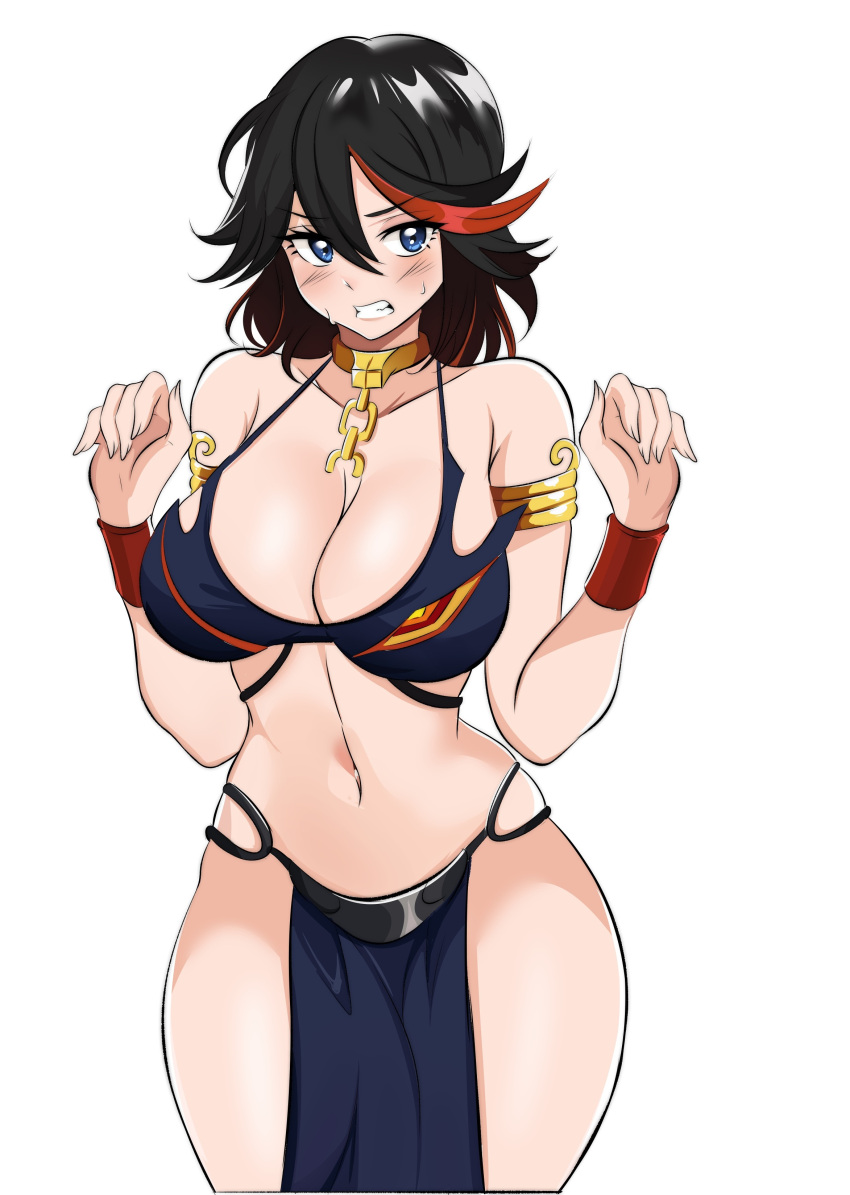 1girls armlet azmi_yudista azmiyudista belly_dancer belly_dancer_outfit black_hair blue_eyes blush bracelet cleavage female female_only harem_girl harem_outfit huge_breasts kill_la_kill loincloth looking_at_viewer matoi_ryuuko medium_hair multicolored_hair red_hair senketsu slave slave_collar slave_leia_(cosplay) slave_outfit slavegirl solo star_wars sweat voluptuous