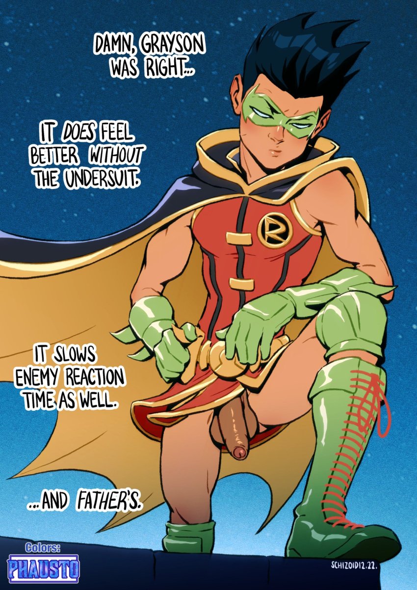 1boy artist_collab athletic athletic_male balls batman_(series) battle_of_the_supersons bottomless bottomless_male colored damian_wayne dc dc_comics dialogue english_text flaccid flaccid_penis foreskin male male_focus male_only masked masked_male muscular muscular_male outdoors outside partially_retracted_foreskin penis phausto robin_(damian_wayne) robin_(dc) schizoid solo solo_focus superhero teen_boy uncircumcised