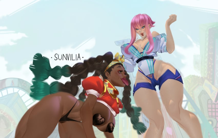 2girls absurd_res all_fours breasts clothed dark-skinned_female dark_skin duo female/female females_only femdom femsub huge_breasts interracial interracial_yuri kimberly_jackson light-skinned_female light_skin manon_legrand multiple_girls paid_reward_available pasties pink_hair street_fighter street_fighter_6 sunvilia thick_thighs yuri