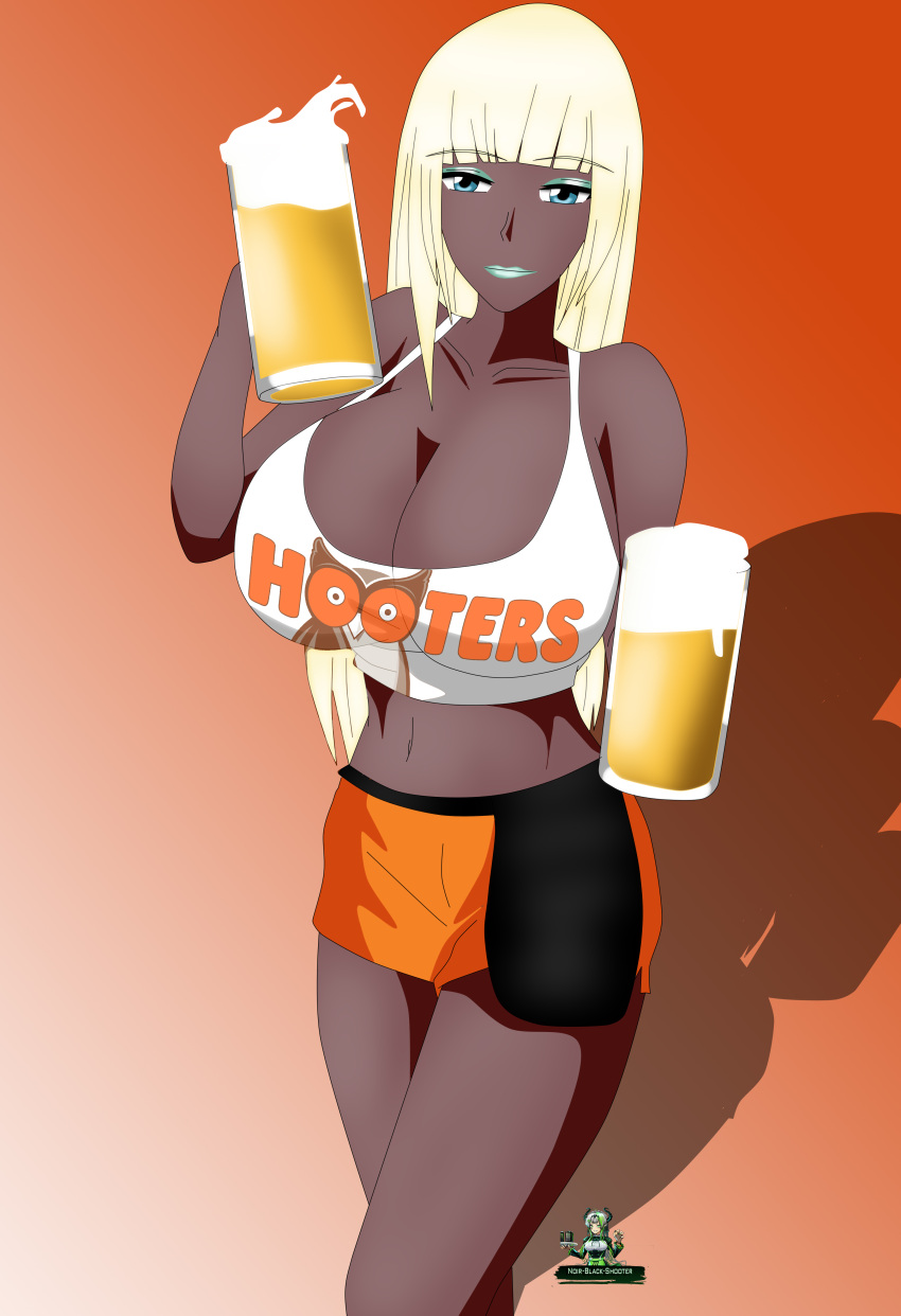 big_breasts blonde_hair blue_eyes brown_skin dark-skinned_female female green_lipstick hooters hooters_uniform lulu_douji_(noir-black-shooter) noir-black-shooter oc original original_character shorts t-shirt