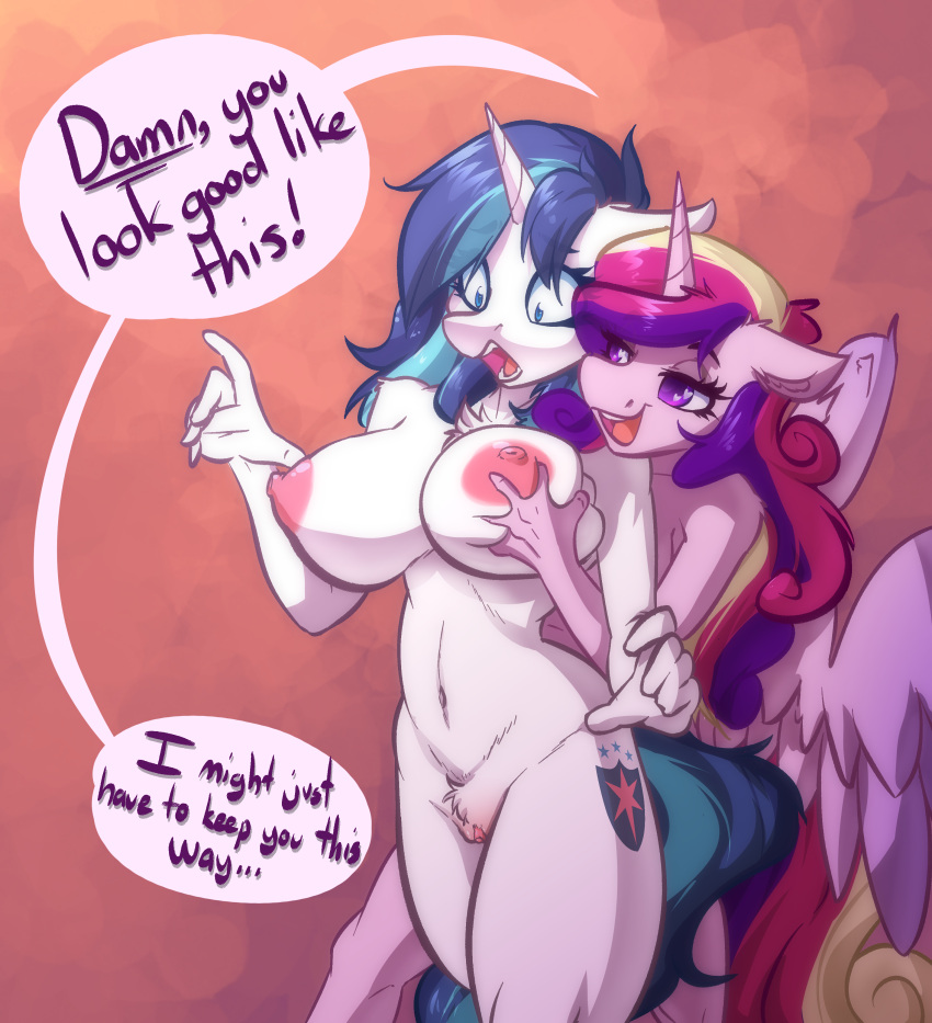 2023 absurd_res alicorn anthro areola breasts cutie_mark dialogue digital_media_(artwork) duo english_text equid equine eyebrows eyelashes female fingers friendship_is_magic gleaming_shield_(mlp) hasbro hi_res horn mammal mtf_crossgender my_little_pony nipples nude open_mouth princess_cadance_(mlp) rule_63 text unicorn wings witchtaunter