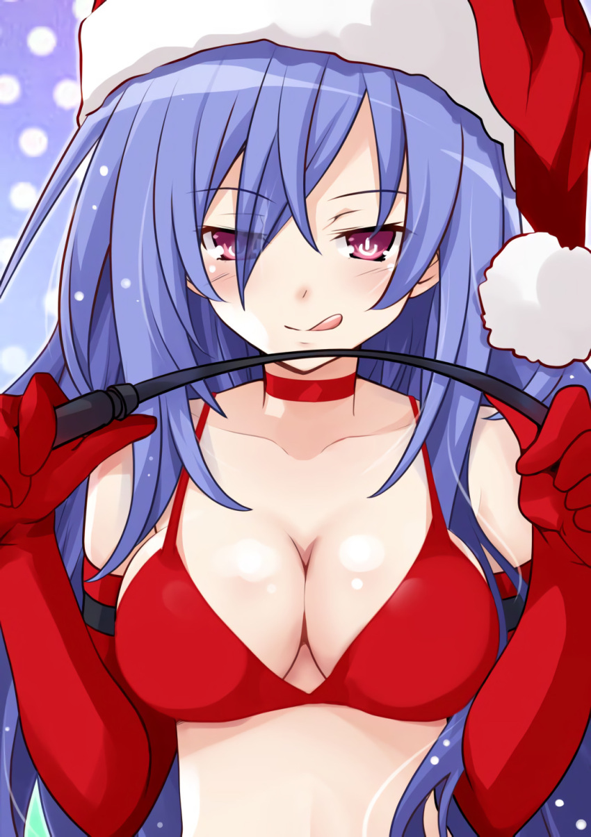 breasts christmas_outfit cleavage close-up closed_mouth cpu_(neptunia) dominant dominant_female elbow_gloves eye_visible_through_hair eyebrows_raised female female_only femdom front_view goddess iris_heart iwasi_r licking_lips light-skinned_female looking_at_viewer neptunia_(series) pink_eyes plutia power_symbol-shaped_pupils purple_hair red_bra red_gloves santa_hat seductive_look shiny_breasts smile solo straight_hair very_long_hair whip