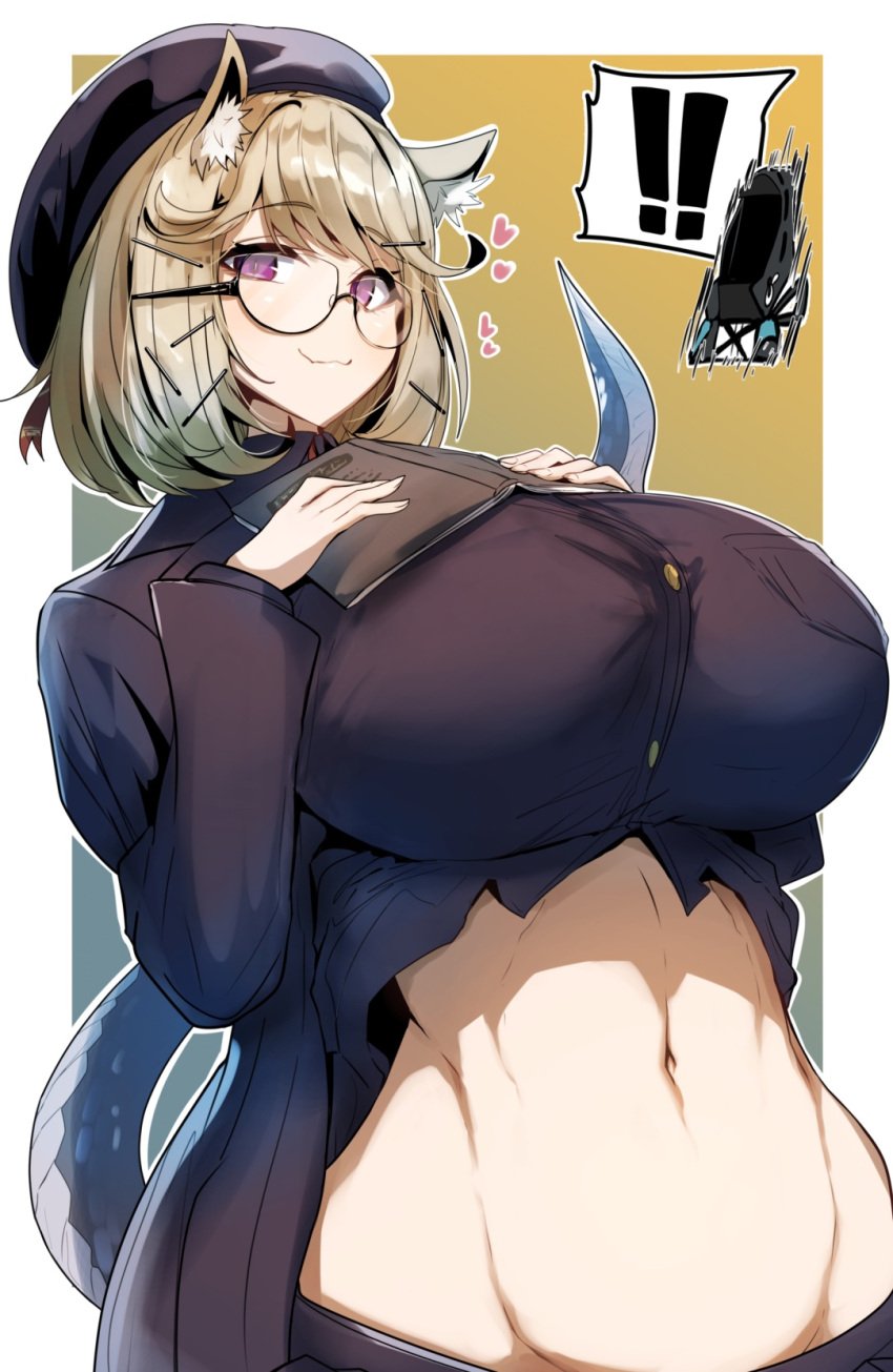 1girls animal_ears arknights blonde_hair doctor_(arknights) female gin_moku glasses hat light-skinned_female light_skin looking_at_viewer midriff purple_eyes smile smiling_at_viewer stomach tagme tail utage_(arknights) utage_(disguise)_(arknights)