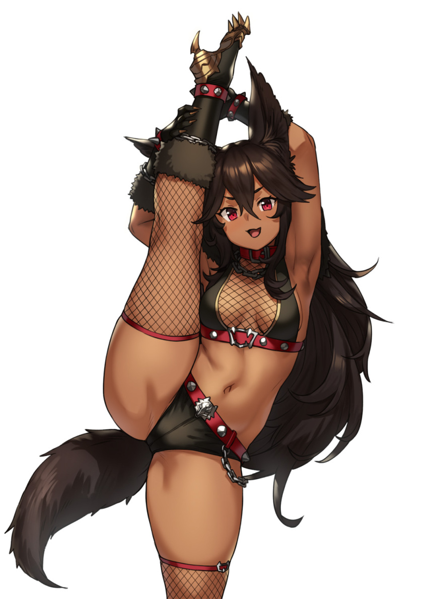 1girls :d animal_ears armpits black_gloves breasts brown_hair cerberus_(houtengeki) dark-skinned_female dark_skin fishnets gloves hi_res highres houtengeki leg_up long_hair looking_at_viewer medium_breasts midriff navel open_mouth original red_eyes simple_background smile split standing standing_on_one_leg standing_split tail thighhighs white_background