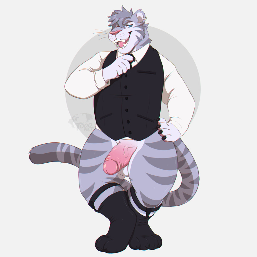 absurd_res anthro balls blue_eyes bottomless claws clothed clothing erection felid footwear fur genitals grey_body grey_fur grey_hair hair hand_on_hip hi_res humanoid_genitalia humanoid_penis justin_(ieaden) male mammal open_mouth pantherine penis shirt socks solo standing striped_body striped_fur stripes suit_vest tiger toddnet topwear whiskers