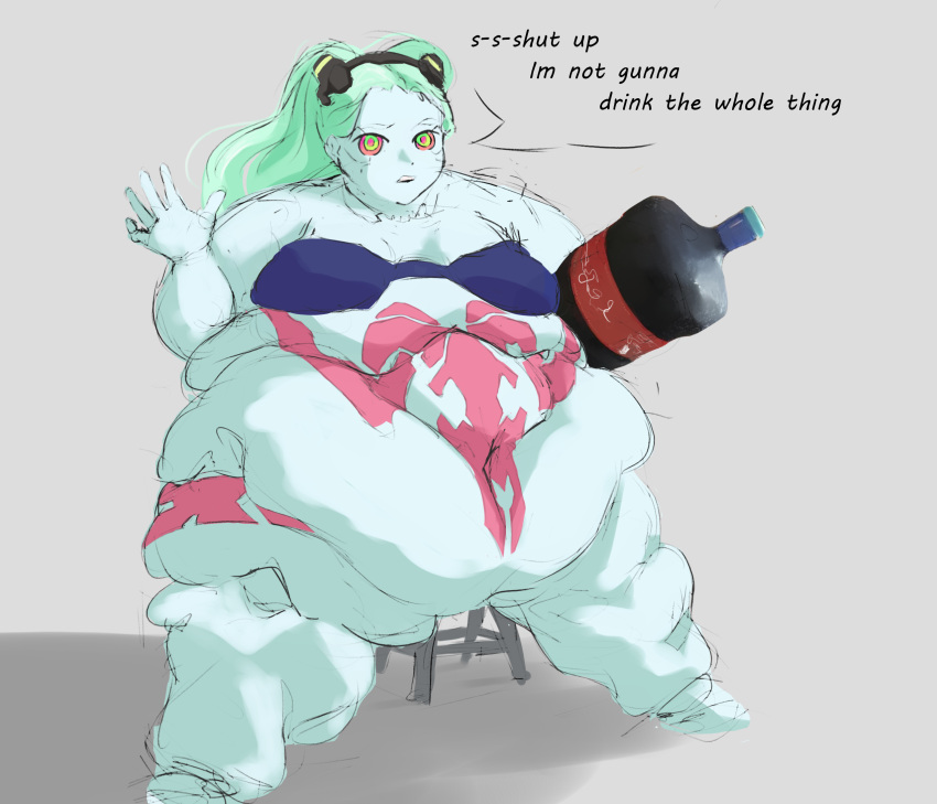 1girls bbw big_belly bra cyberpunk:_edgerunners flabby looking_at_viewer obese rebecca_(edgerunners) robot_girl sagging_breasts soda talking_to_viewer thick_thighs weight_gain