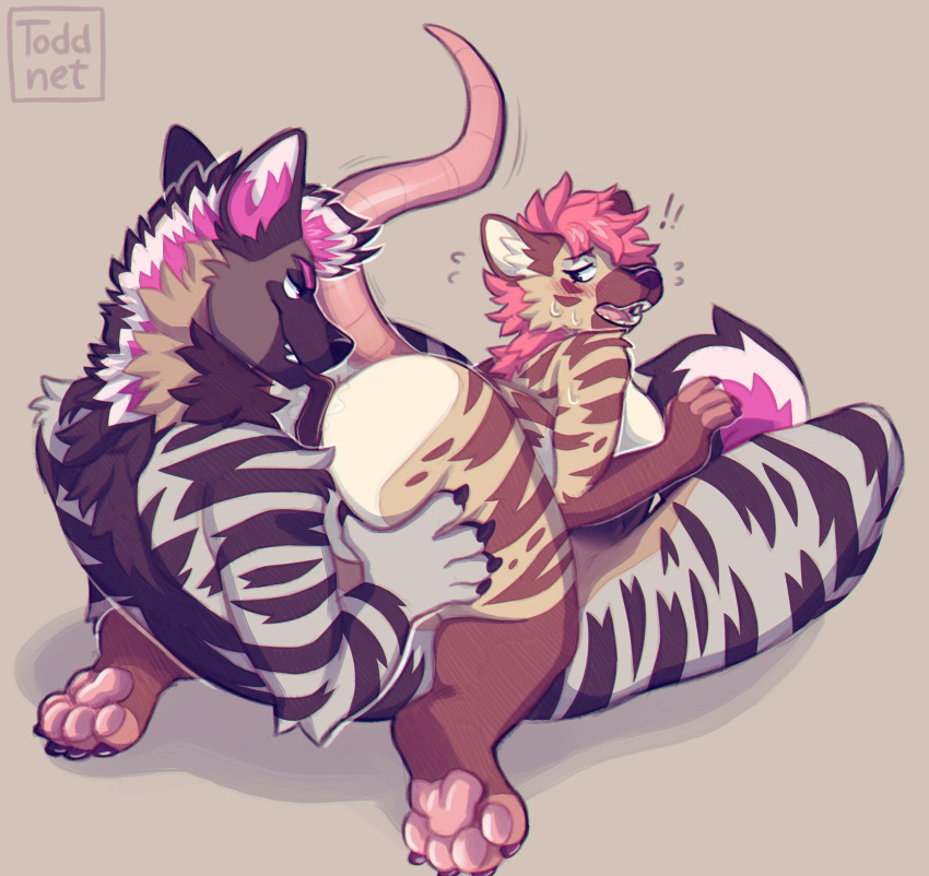 69_position anal anthro ass balls big_butt bodily_fluids claws duo fur genitals hair hi_res hyena licking looking_back male male/male mammal oral pawpads pink_hair raised_tail rimming sex simple_background striped_body striped_fur striped_hyena stripes sweat sweatdrop tail toddnet tongue tongue_out