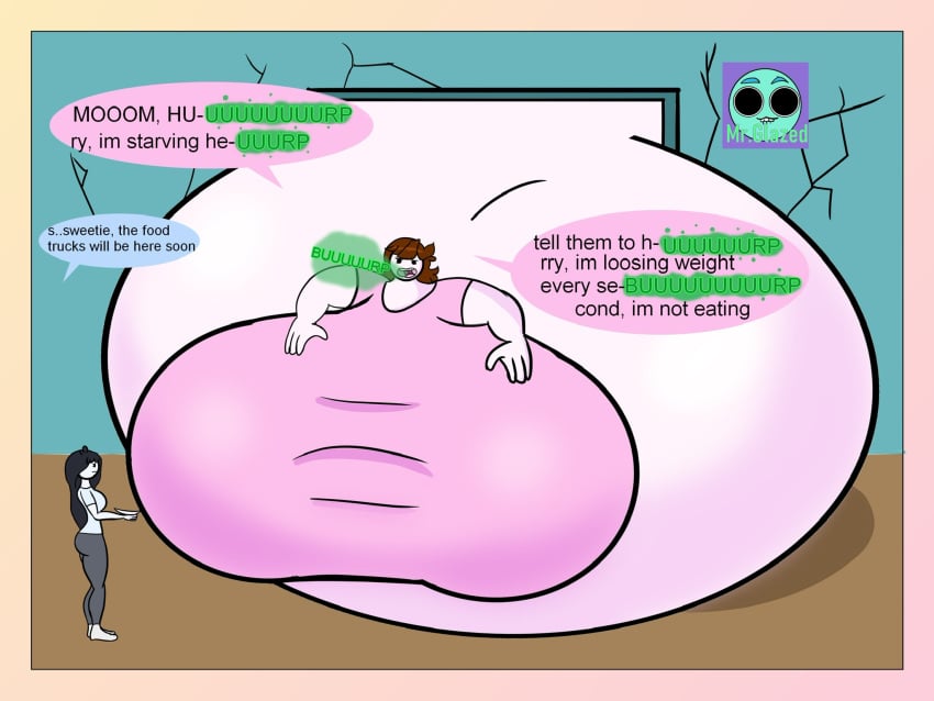 2girls burping destruction diet digestion_noises fat fat_fetish female female_only giant_breasts giantess gigantic_belly immobile jaiden jaiden_animations jaidens_mom morbidly_obese mother_and_daughter mrglazed multiple_girls obese obese_female outgrowing_clothes size_difference stuck_in_door weight_gain