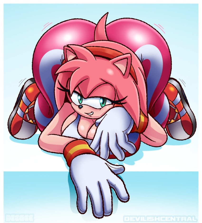 1girls amy_rose anthro ass ass_jiggle big_ass big_breasts big_butt blush bottomwear breasts butt_jiggle clothing curvaceous deegee eulipotyphlan eyelashes female female_only footwear fur gloves green_eyes handwear hedgehog hi_res horny_female huge_ass huge_breasts jiggling looking_at_viewer lying mammal narrowed_eyes pants pink_body pink_fur raised_tail sega shoes smile solo sonic_(series) sonic_riders sonic_the_hedgehog_(series) tail text thick_thighs topwear wristband