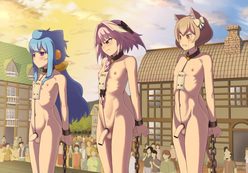 3boys animal_ears astolfo_(fate) atsutsu auction background_characters balls ballsack bangs bar_censor black_hair_bow blue_hair blush braided_hair brown_hair building cat_ears cat_tail catboy censored censored_penis chained_wrists chains collar collar_only crossover crying crying_with_eyes_open exhibitionism fate/apocrypha fate_(series) felix_argyle femboy femboy_only forced_exposure foreskin hacka_doll hacka_doll_3 hair_between_eyes hair_ornament hairbow hands_behind_back human humanoid humiliation intact long_foreskin long_hair_male male male_nipples male_only naked nude_male numbered_tag outside penis pink_eyes pink_hair purple_eyes re:zero_kara_hajimeru_isekai_seikatsu scrotum semi-erect shaved_crotch short_brown_hair short_hair slave slave_auction slave_market slaveboy small_penis smooth_penis smooth_skinned_male tears testicles town uncut unretracted_foreskin white_hair_bow yellow_eyes