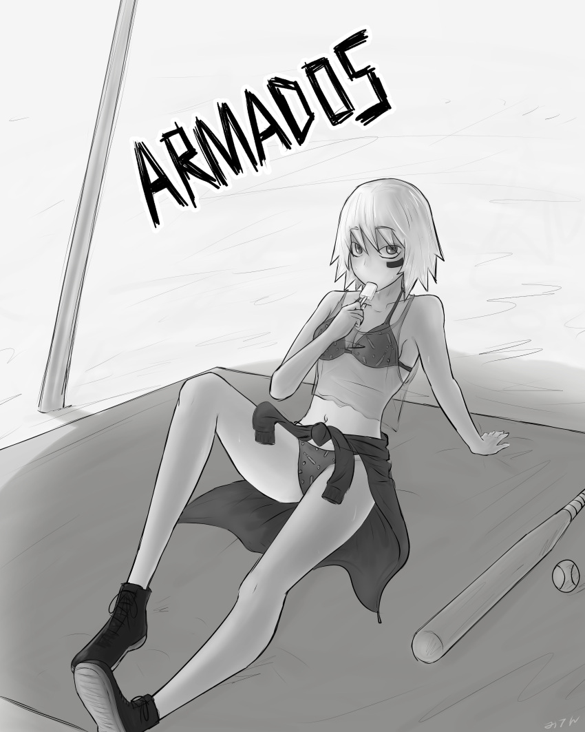 armados baseball_(ball) baseball_bat beach bra grayscale megan_(armados) saikomic short_hair swimsuit text