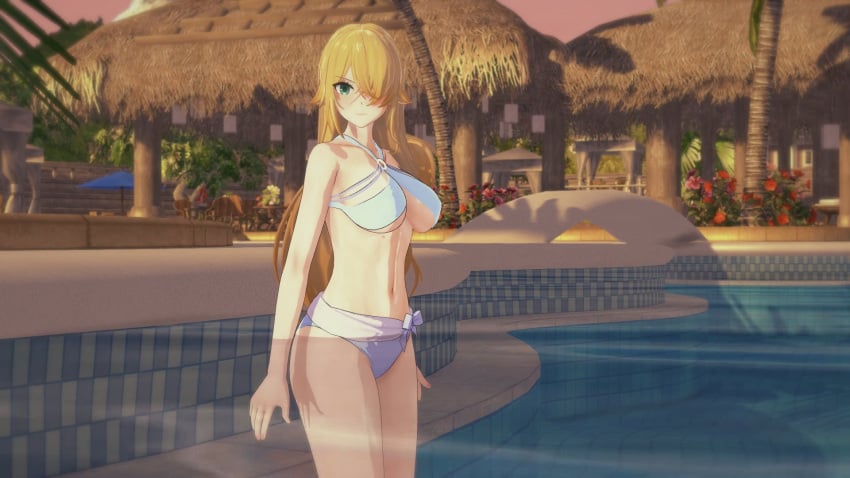 16:9 16:9_aspect_ratio belly belly_button bikini blonde_hair camilla_(epic_seven) epic7 epic_seven female female_focus in_pool in_water light-skinned light-skinned_female light_skin long_hair looking_at_viewer open_eyes outdoors partially_submerged pool scar scar_on_face solo solo_female solo_focus standing swimming_pool video_game video_game_character