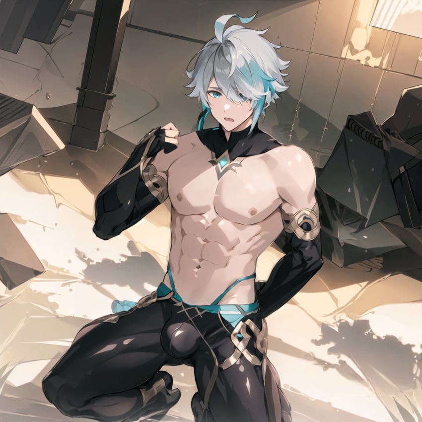 1boy abs ai_generated alhaitham_(genshin_impact) black_pants blue_eyes bulge bulge_through_clothing genshin_impact gloves gojo_senpai grey_hair hand_up kneeling male male_boobs male_only muscular muscular_male nipples open_mouth shirtless shirtless_(male) solo yaoi