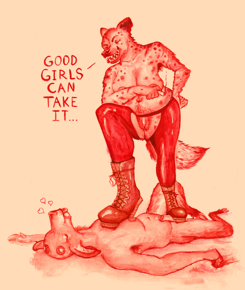 absurd_res ambiguous_gender animal_genitalia anthro armpit_hair belly big_belly bite_mark body_hair boot_worship boots breasts chaps clothing crush deer degradation digitigrade drgoatgorlphd duo female fluffy fluffy_tail foot_fetish foot_on_penis foot_play footwear genitals good_girl heart hi_res hooves hyena laugh leather male mammal mocking monochrome painting_(artwork) penis pseudo-penis pubes shed_antlers shoelaces smoking spots spotted_hyena stepped_on tail teeth tongue traditional_media_(artwork) trampling underhoof watercolor_(artwork)