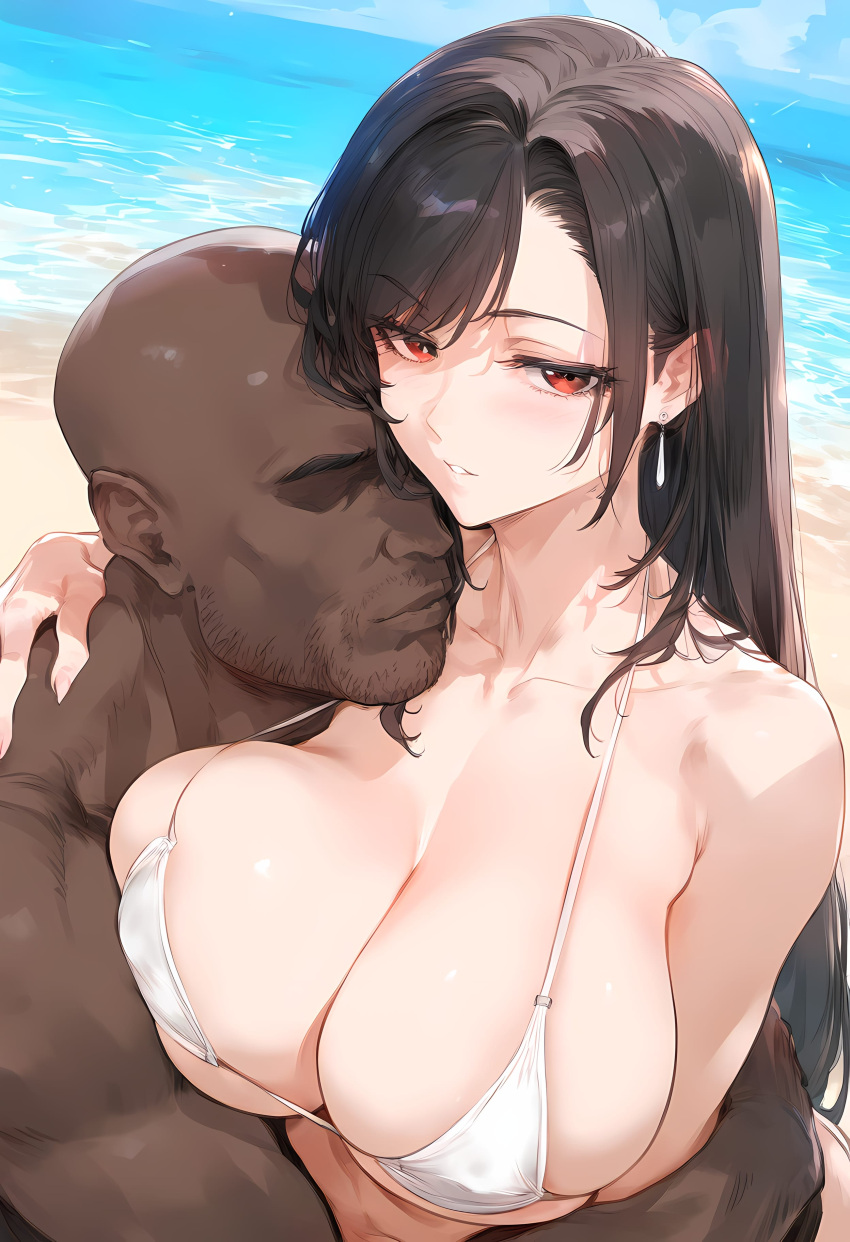 1boy 1girls ai_generated bangs bare_shoulders beach bikini black_hair blush breast_press breasts clavicle cleavage clothing cucking_viewer curvaceous curvaceous_female curvaceous_figure curvy curvy_figure dark-skinned_male dark_skin day earrings faceless faceless_male female female_focus final_fantasy final_fantasy_vii final_fantasy_vii_remake hug huge_breasts interracial jewelry large_breasts long_hair looking_at_viewer male nakatori ocean outdoors parted_lips red_eyes sky straight swimsuit tifa_lockhart upper_body video_game voluptuous voluptuous_female water white_bikini white_swimsuit