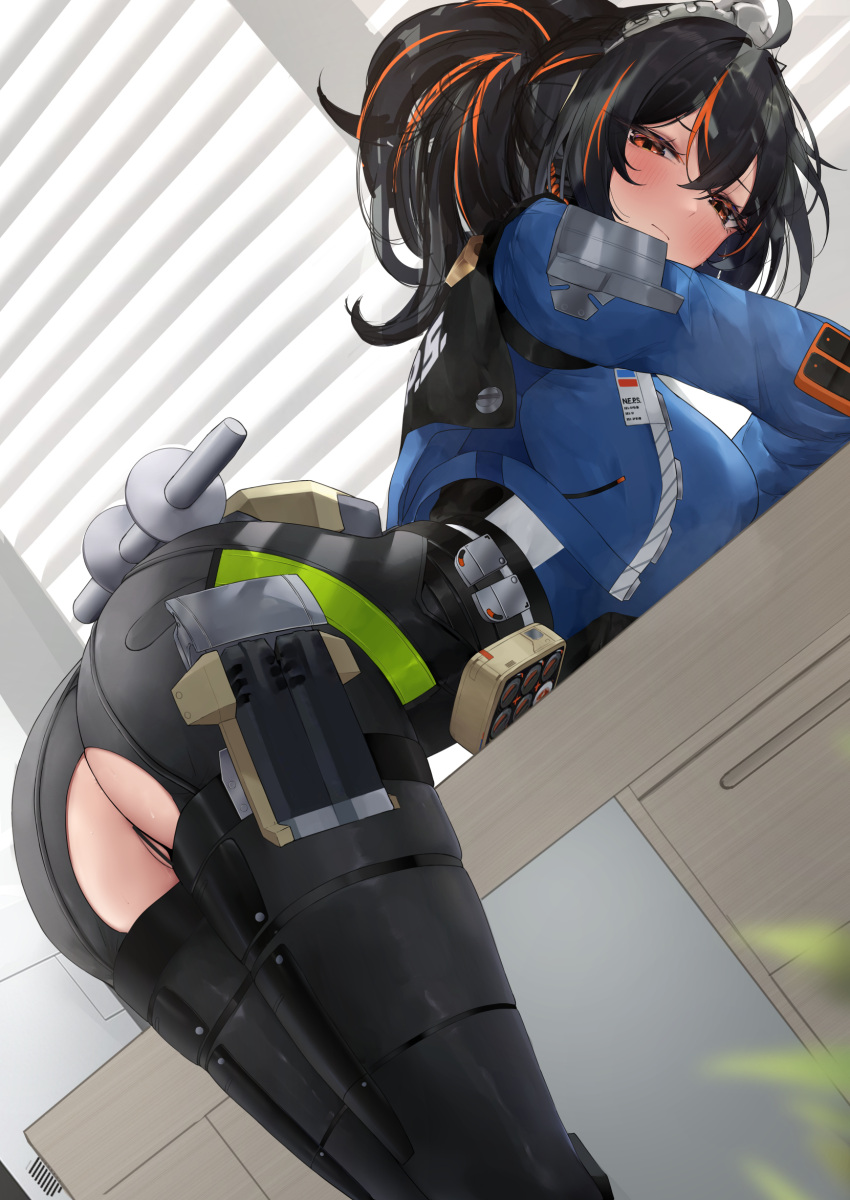 1girls ass ass_focus bent_over big_ass black_hair blush clothed handlebar handles leaning_forward looking_at_viewer n9at nervous pants ponytail red_eyes red_hair solo table torn_clothes torn_pants zenless_zone_zero zhu_yuan