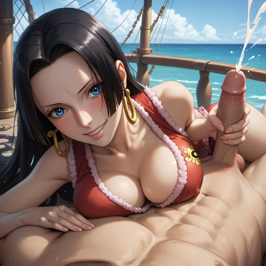 1boy 1girls abs ai_generated artist_request black_hair blue_eyes blushing boa_hancock breasts cfnm cleavage cum cumming earrings ejaculation female handjob holding_penis long_hair male muscular_male navel ocean_background one_piece penis pov ship testicles